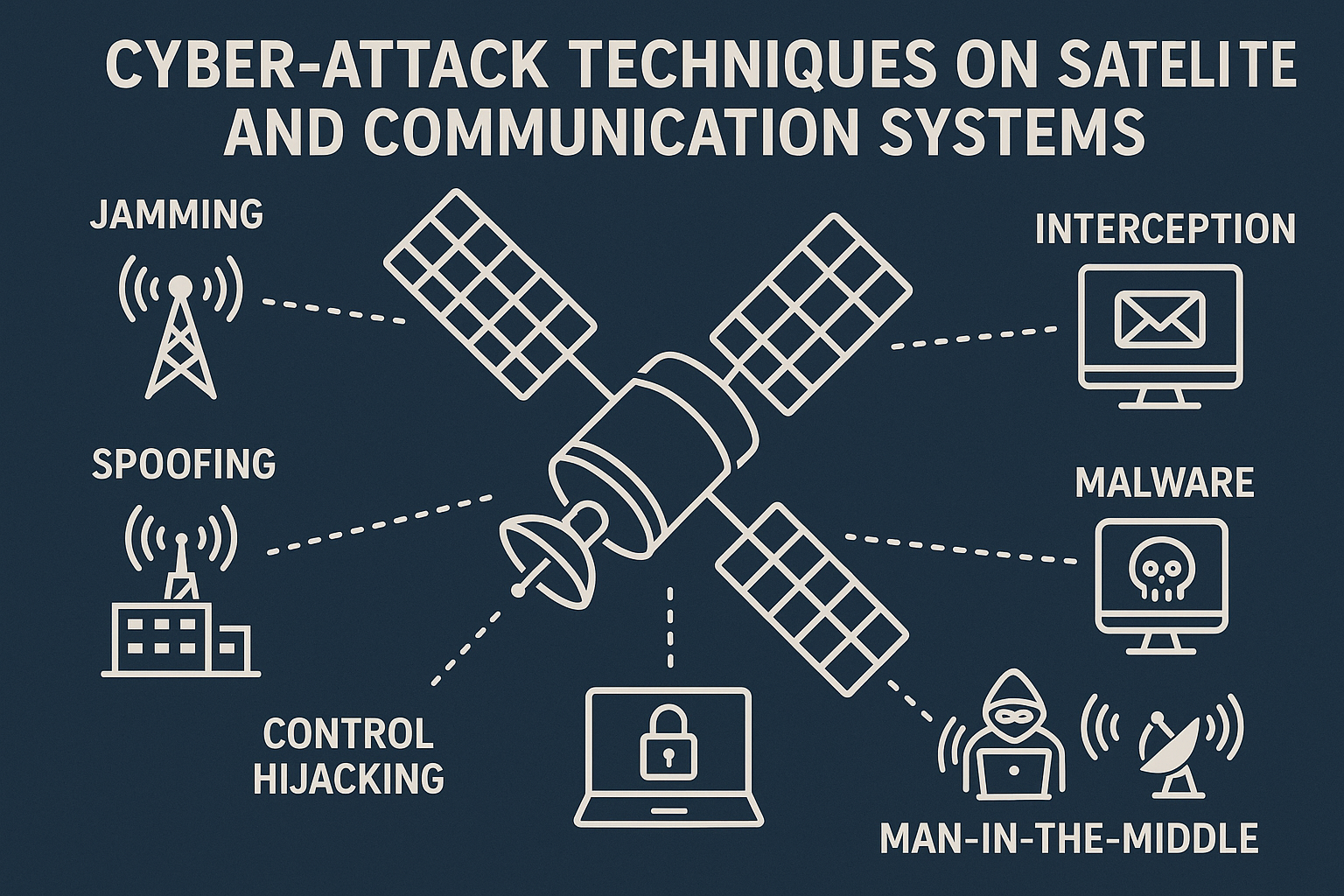 Infographic illustrating cyber-attack techniques on satellite and communication systems.