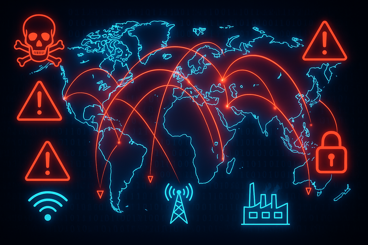 Visualization of cyber-attacks affecting global communications and infrastructure.