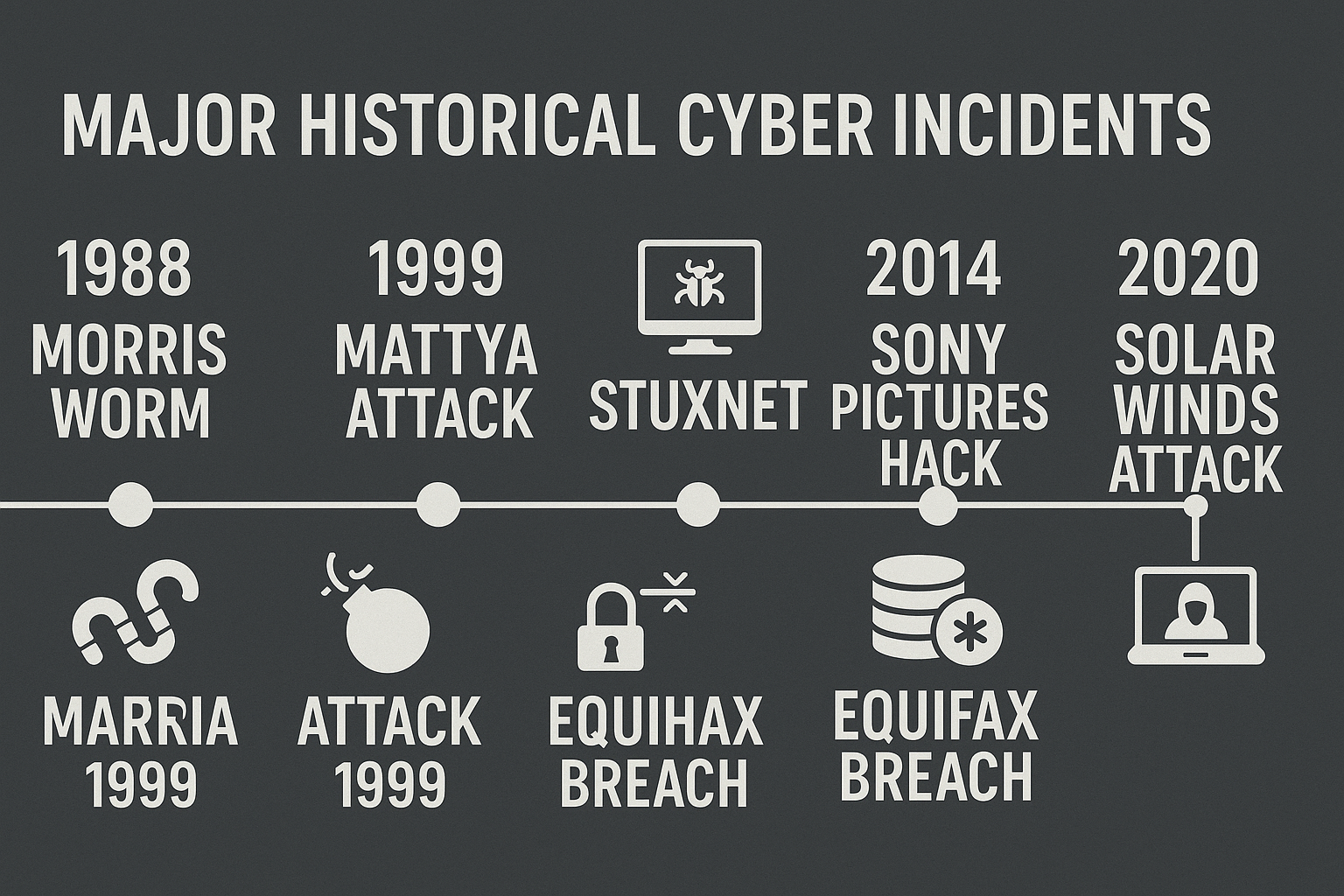 Timeline of significant cyber incidents highlighting the evolution of cyber warfare and its impact on communication networks.